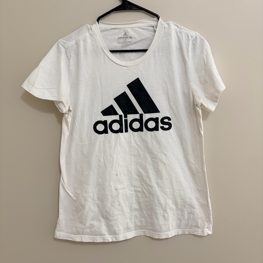 Women’s Large Adidas White Tee with Black Emblem 100% Cotton